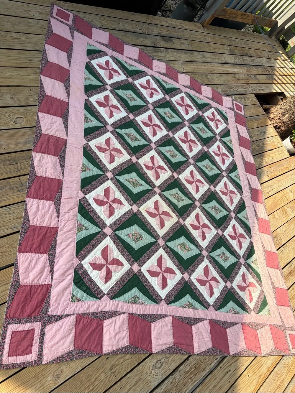 Handmade Pink and Green Patchwork Quilt - Floral Pinwheel Design VINTAGE stains